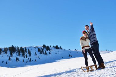 Kızak ve güneşli kış gününde zevk genç Çift