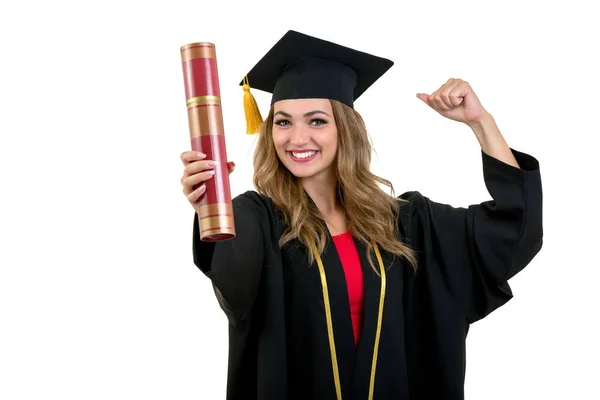 Immagine studio completamente isolato da una giovane donna di laurea — Foto Stock