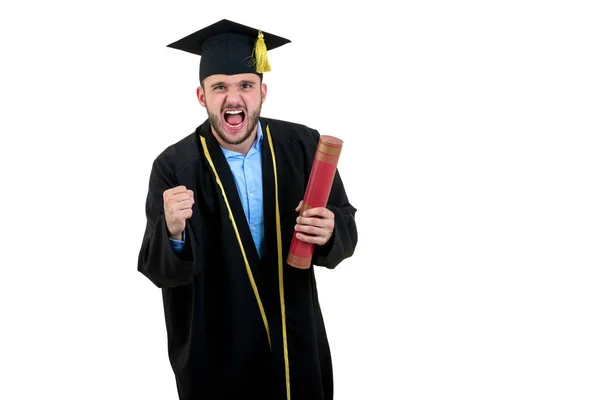 Veselý usměvavý muž absolvent nosit šaty a čepice izolované na bílém — Stock fotografie