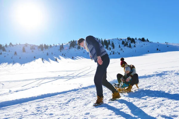 güzel güneşli kış günü doğada açık taze karda oynarken mutlu genç aile