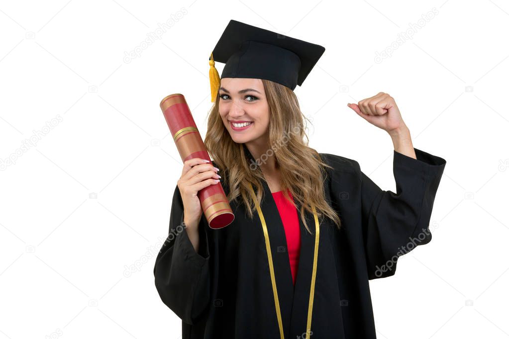 Full isolated studio picture from a young graduation woman