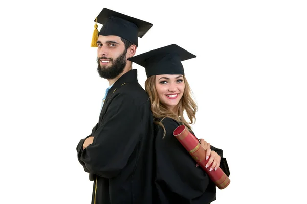 Retrato de dois estudantes graduados felizes. Isolado sobre fundo branco . — Fotografia de Stock