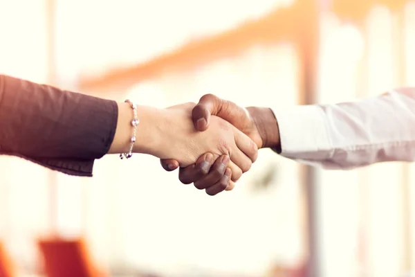 Closeup of White and Black shaking hands over a deal — Stock Photo, Image