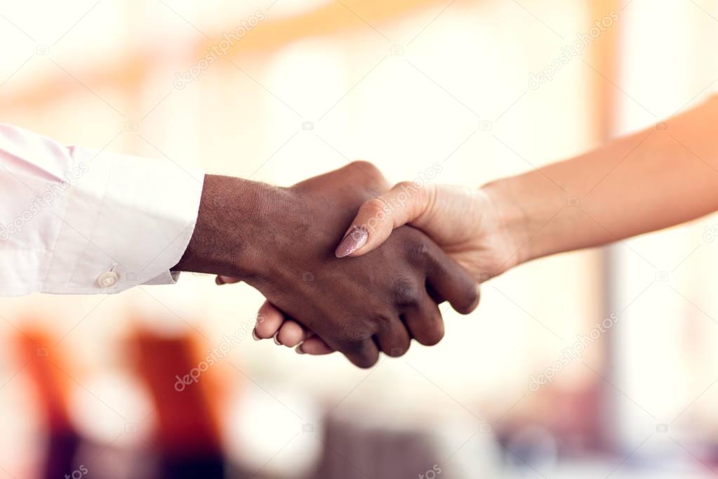 Closeup of White and Black shaking hands over a deal