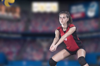 Female professional volleyball player on volleyball court clipart