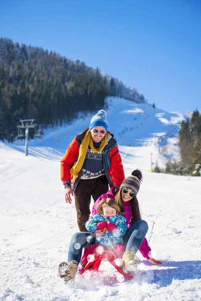 Familia feliz en nieve montando en trineo . —  Fotos de Stock