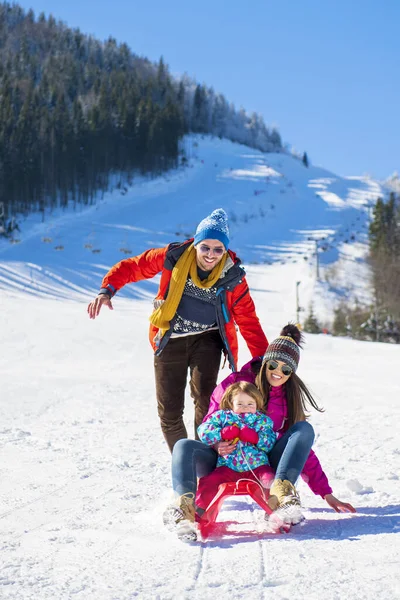 Familia feliz en nieve montando en trineo . —  Fotos de Stock