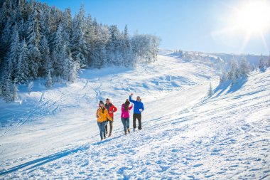 Arkadaşlar kışın taze karda eğlenir.