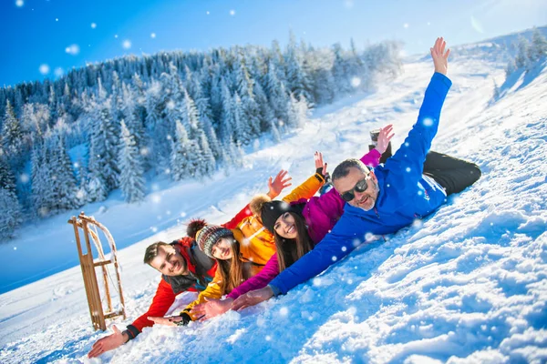 Friends Have Fun At Winter On Fresh Snow — Stock Photo, Image