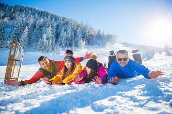 Friends Have Fun At Winter On Fresh Snow — Stock Photo, Image