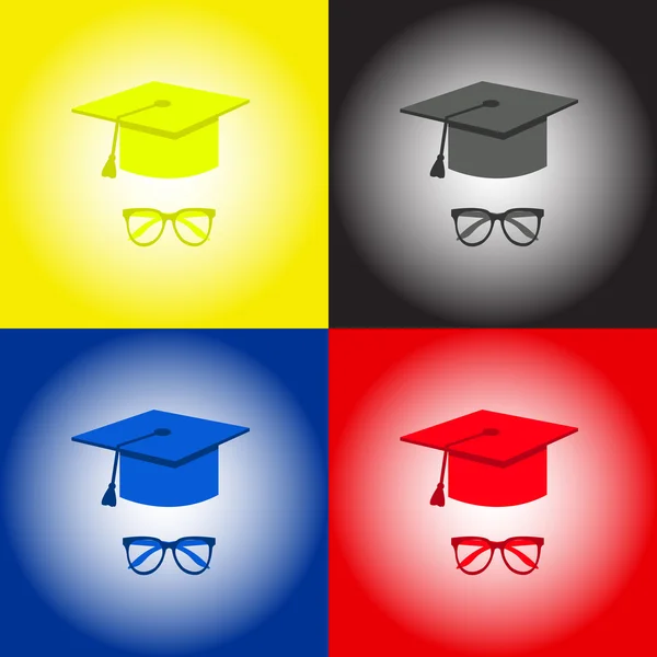 毕业帽、 学生配件帽子和眼镜。黄色、 黑色、 蓝色、 红色. — 图库矢量图片