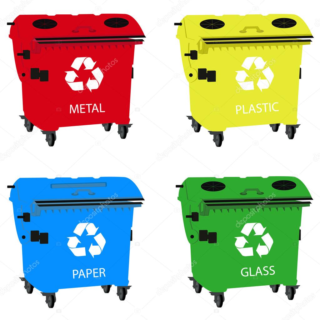 Big containers for recycling waste sorting, recycle bin - plastic, glass, metal, paper