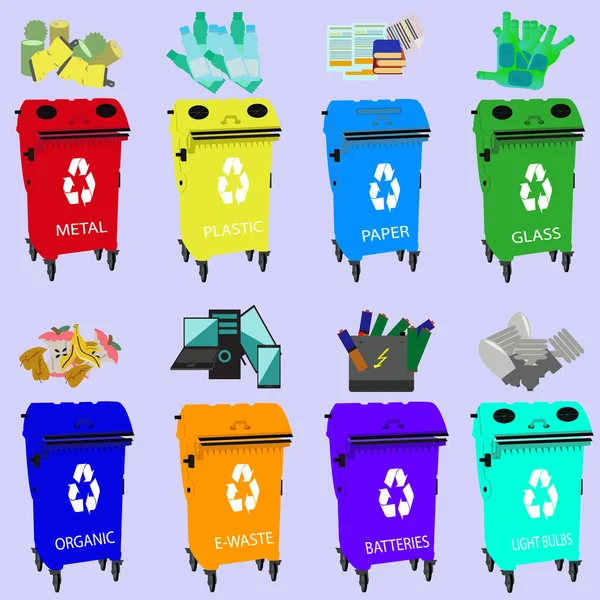 Recipientes para reciclagem, tipos de resíduos segregação reciclagem orgânica, baterias, plástico de metal, papel, vidro, e-waste, lâmpadas, caixas, fundo roxo . — Vetor de Stock