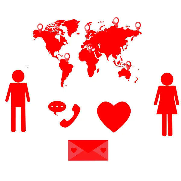 Vektör düz uzun mesafe ilişkisi tasarlamak dünya çift uzun mesafe aşk, kırmızı Kalpler, erkek ve kadın, mektup, kalp, kulaklık, yazışma, Online romantik.