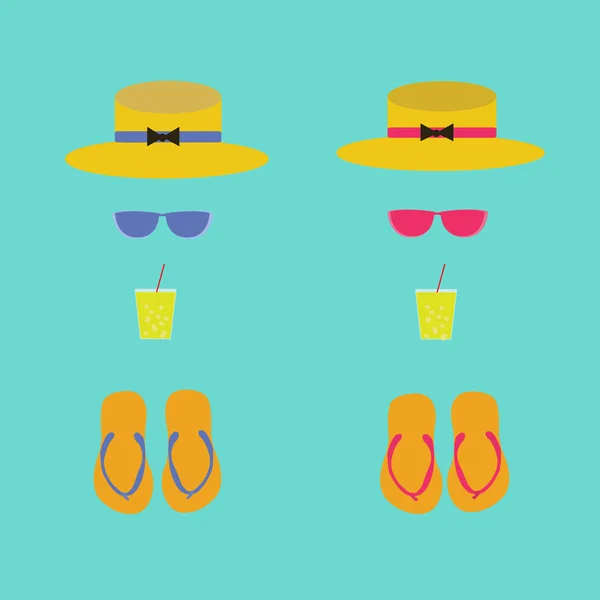 Gafas de sol, sombrero, limonada, playa, zapatillas . — Vector de stock