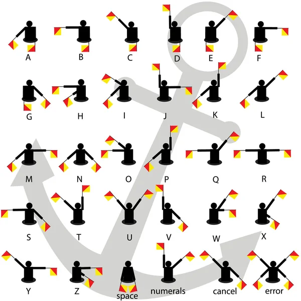Semafor flagga signaler alfabetet vit bakgrund med ankare vektor. — Stock vektor