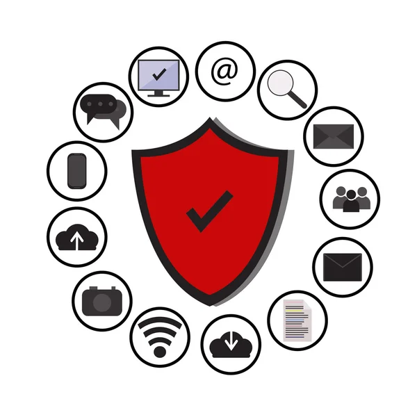 İş veri koruma teknolojisi ve bulut ağ güvenliği, simgeler vektör, kırmızı, beyaz arka plan ayarlamak..