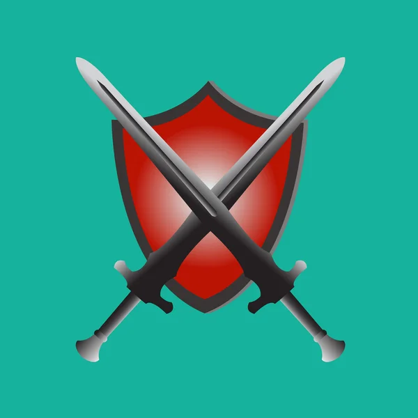 Dos espadas y escudo, protección, seguridad, rojo . — Vector de stock