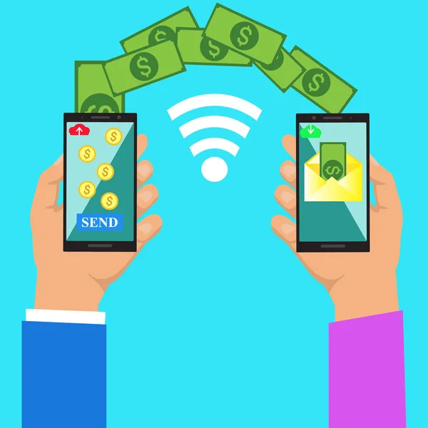 手の支払い約送金を銀行スマート携帯電話をタップ。外貨両替。お金を送受信する人は携帯電話と無線します。フラット スタイル概念のベクトル図です。送金 — ストックベクタ
