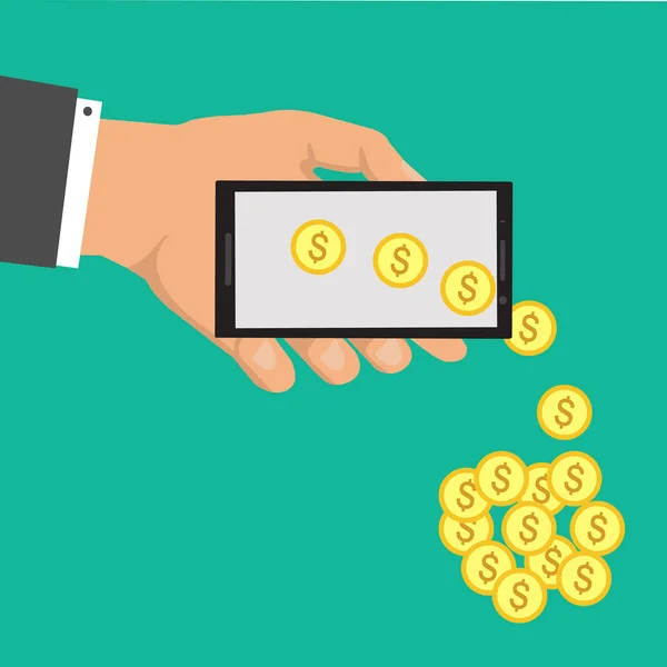 Mobil ticaret anlaşma. Mobil teknolojisi sayesinde parayı. Online satış teknoloji. Düz vektör karikatür mobil ödeme çizim. Beyaz bir arka plan üzerinde izole nesneleri.