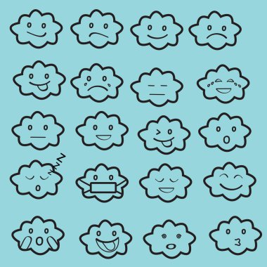 Soyut komik düz stil emoji ifade simge seti, bulut siyah, mavi begraund