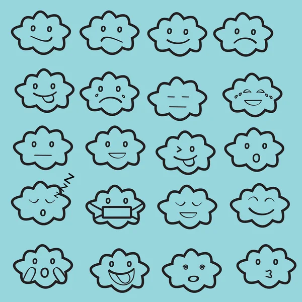 Soyut komik düz stil emoji ifade simge seti, bulut siyah, mavi begraund