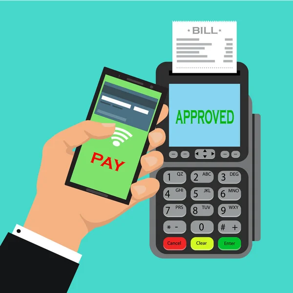 POS terminal smartphone tarafından ödeme doğruladı. Mavi arka plan üzerinde düz tasarım vektör çizim. NFC ödeme kavramı