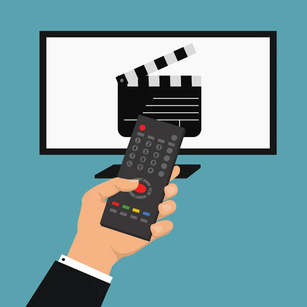 Dünyadan haberler. Uzaktan kumanda tutan el ile vektör çizim. Vektör akıllı tv kavramı film