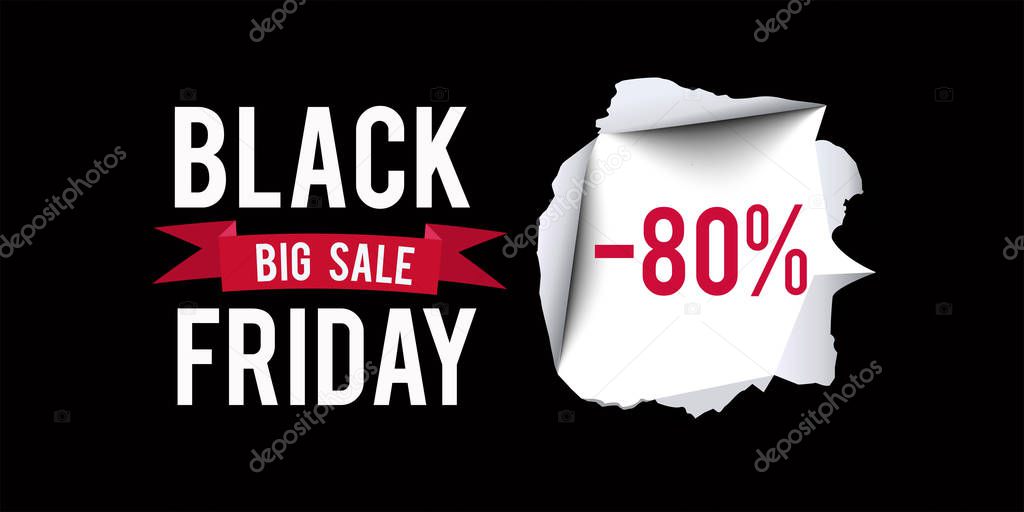Black Friday sale design template. Black Friday 80 percent discount banner with black background. Vector illustration.