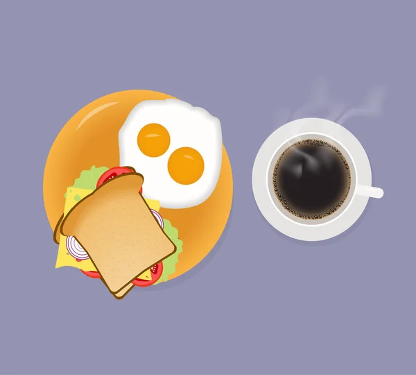 Sarapan dengan sandwich kopi dan telur goreng. Ilustrasi vektor tampilan atas . - Stok Vektor