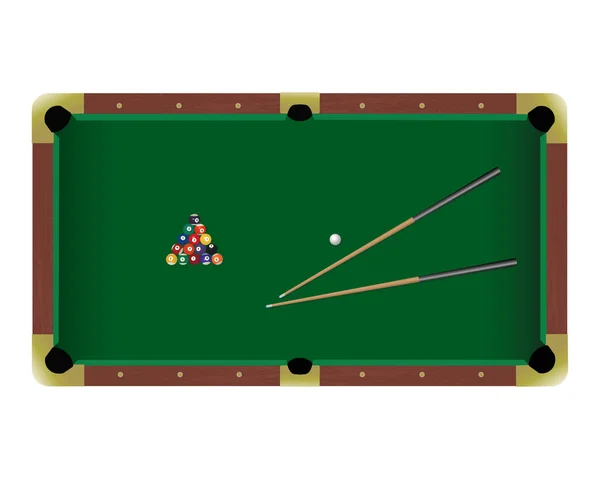 American pool billiard table with a cue and balls isolated on a white background. Top view illustration. — Stock Vector