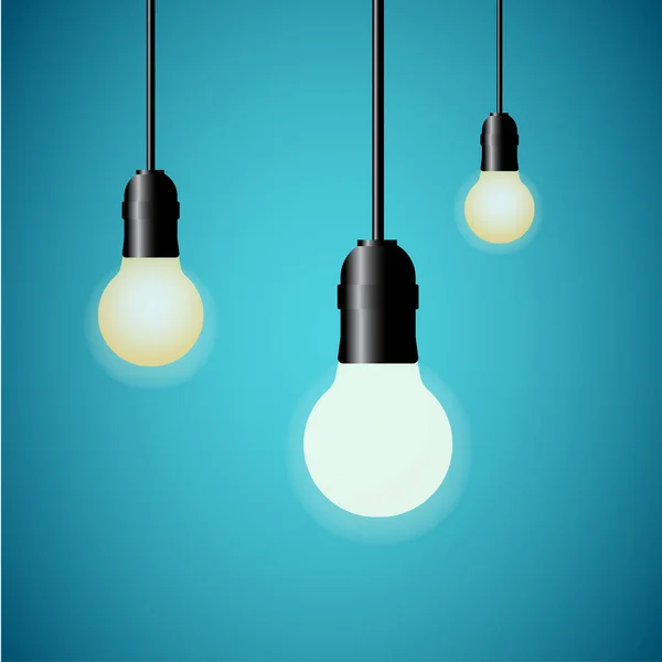 Ampoules suspendues rayonnant sur fond bleu. Illustration vectorielle . — Image vectorielle