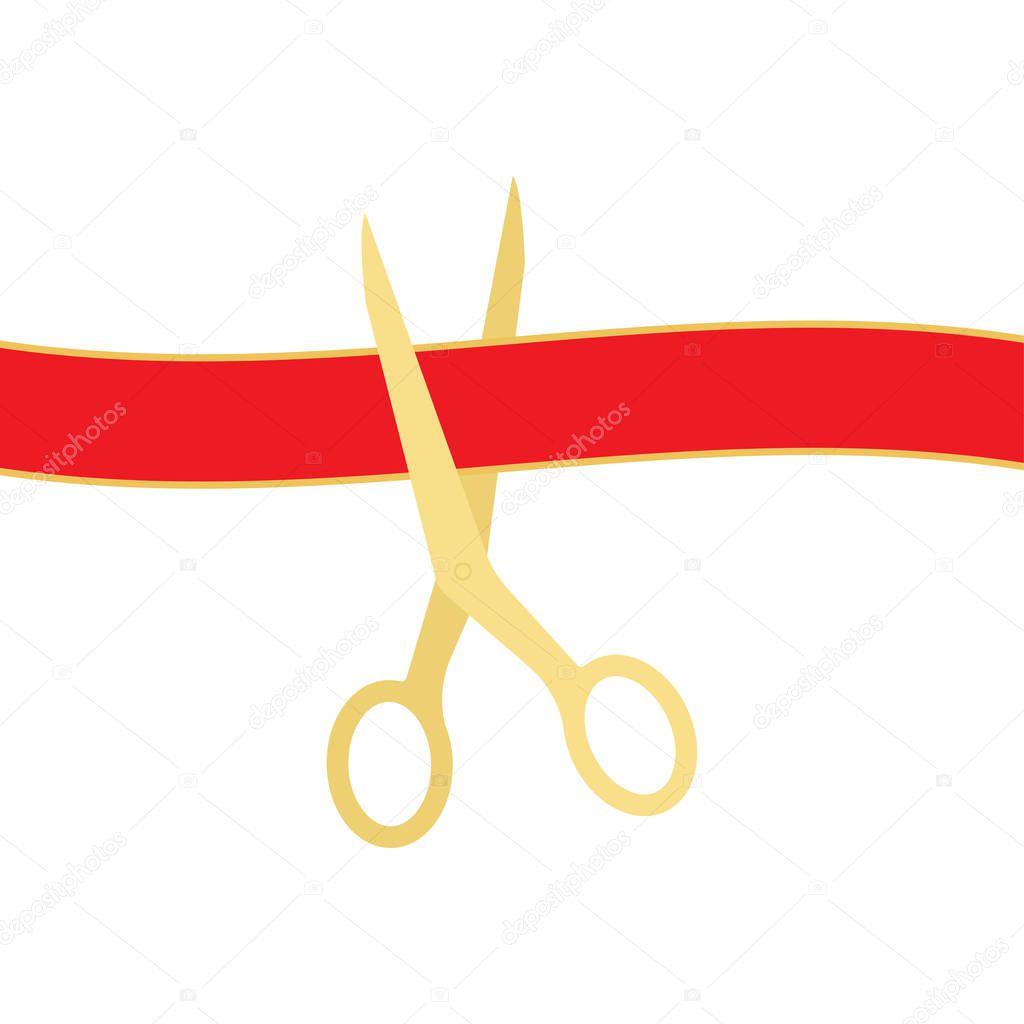 Golden scissors cutting red ribbon isolated on white background. Vector illustration.