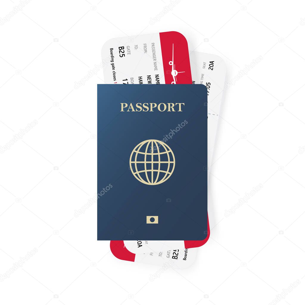 Blue passport and boarding pass tickets. Realistic design. Vector illustration.