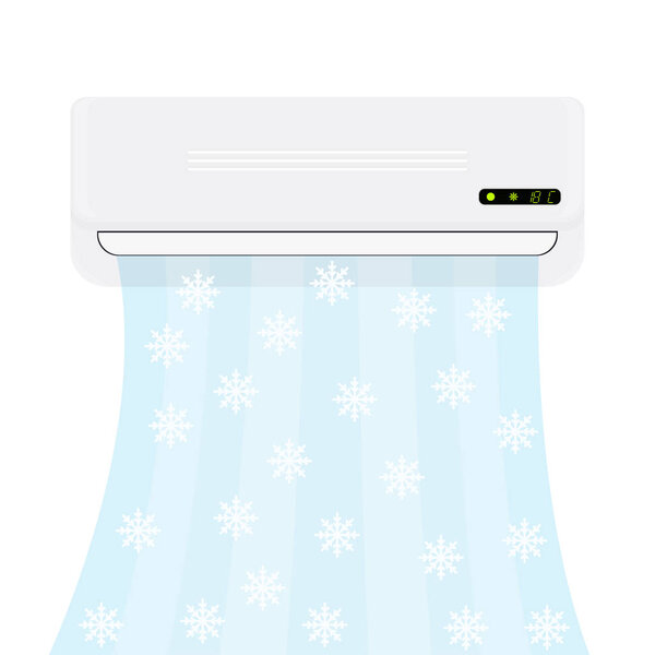 Split system air conditioner. Realistic conditioner with cold air with snowflakes. Vector illustration isolated on white background.
