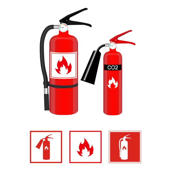 Fire extinguishers in realistic style and flat signs isolated on white background. Vector illustration. — Stock Vector