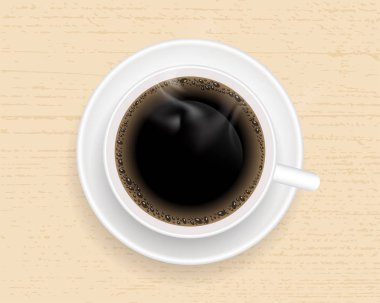 Ahşap masa kahve fincan. Üstten Görünüm vektör çizim.