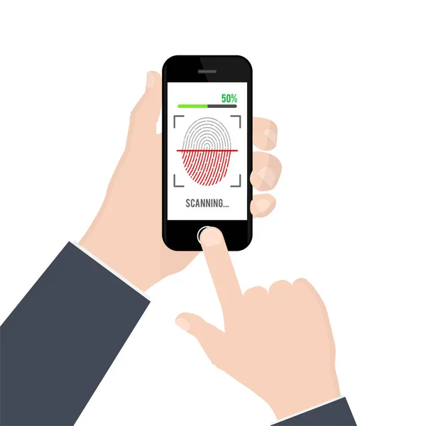 Identificación de huellas dactilares o autenticación en smartphone aislado sobre fondo blanco. Ilustración vectorial . — Archivo Imágenes Vectoriales