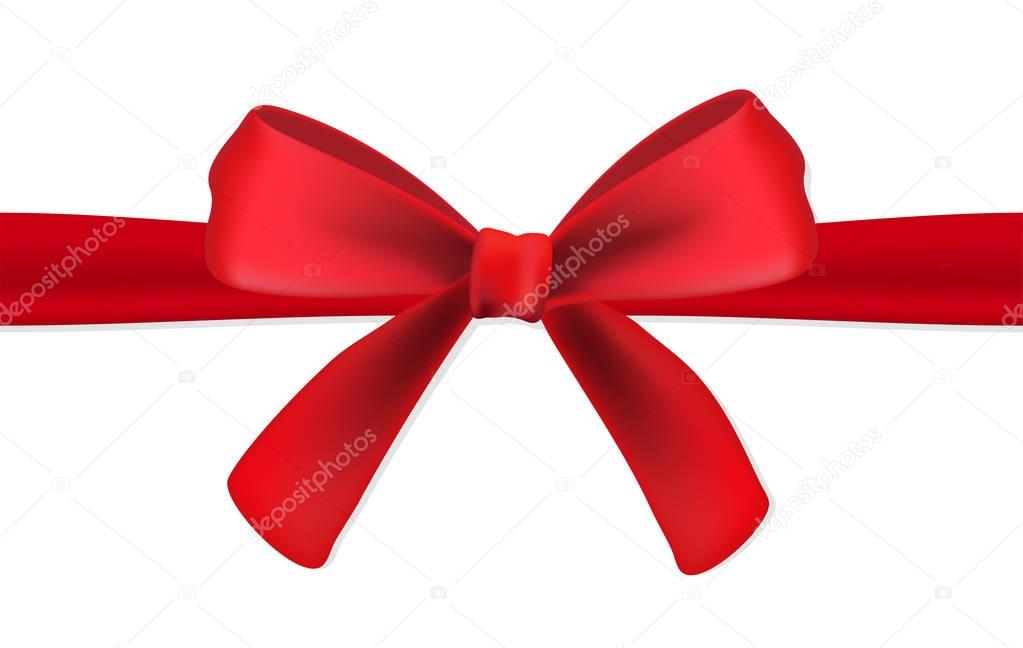 Realistic red gift satin ribbon with a bow on white background. Vector illustration.