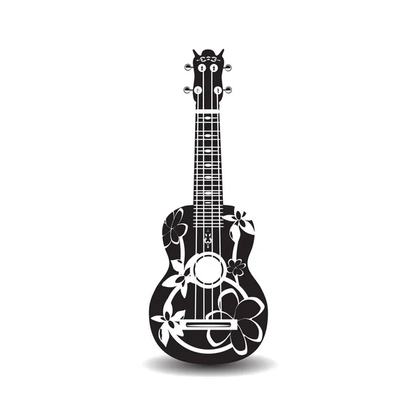 Ilustración vectorial de guitarra ukelele hawaiana en blanco y negro en diseño plano — Vector de stock