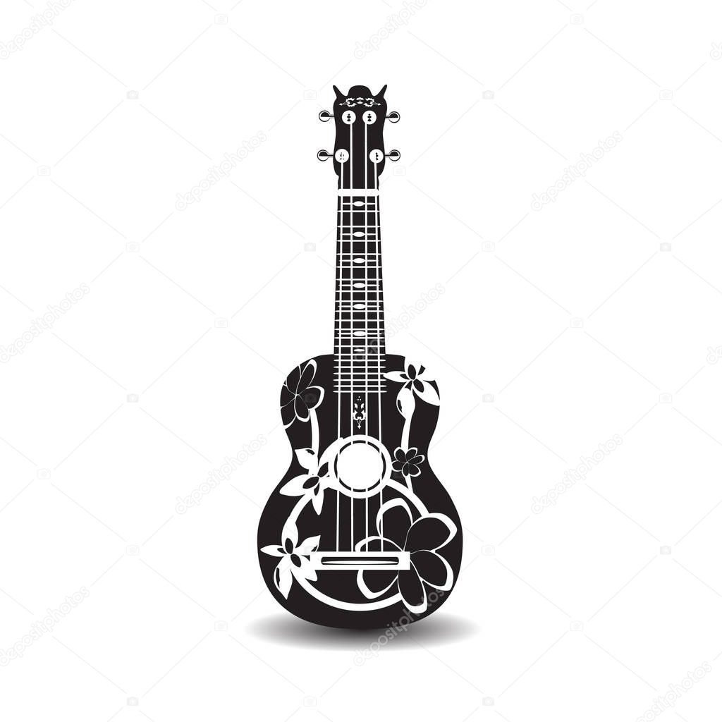 Vector illustration of black and white hawaiian ukulele guitar in flat design