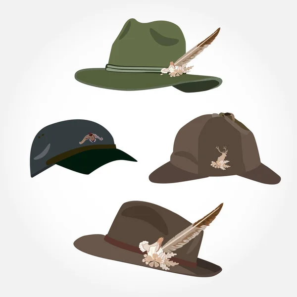 Conjunto vectorial de sombreros de hombre, sombrero de acosador de ciervos y gorra en estilo plano — Archivo Imágenes Vectoriales