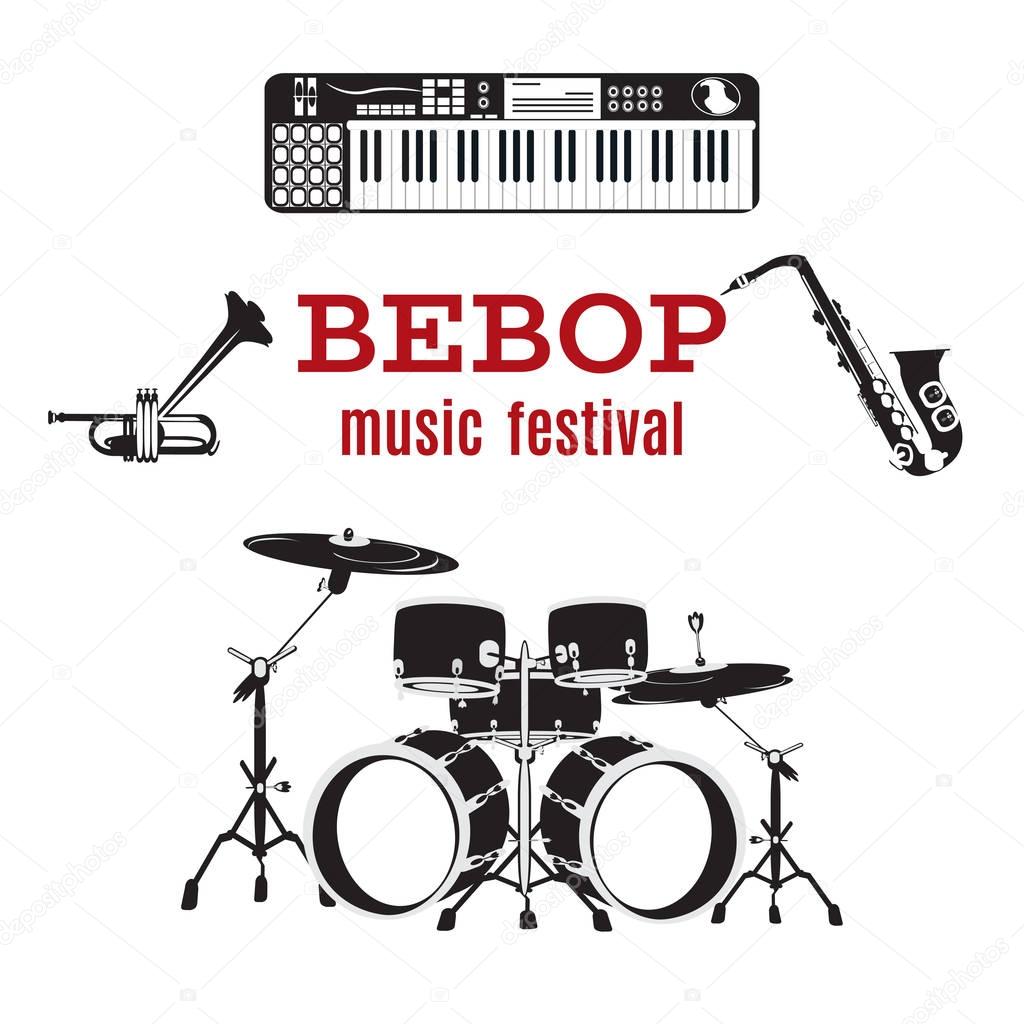 Vector set of bebop jazz music instruments, flat design.