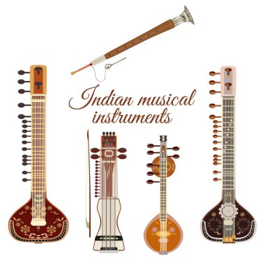 Vector set of indian musical instruments, flat style. clipart