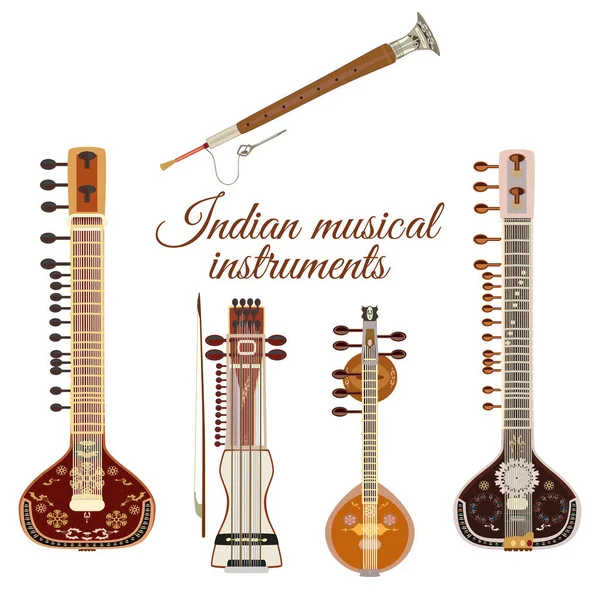 Conjunto vectorial de instrumentos musicales indios, de estilo plano . — Vector de stock