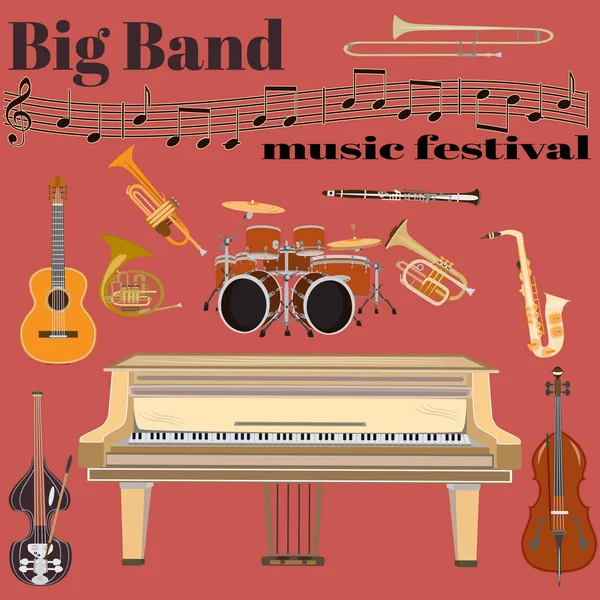 Vettoriale modello di festival musicale Big band in stile piatto — Vettoriale Stock