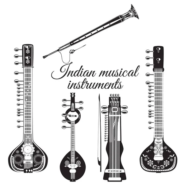 Vector set of indian musical instruments, flat style. — Stock Vector