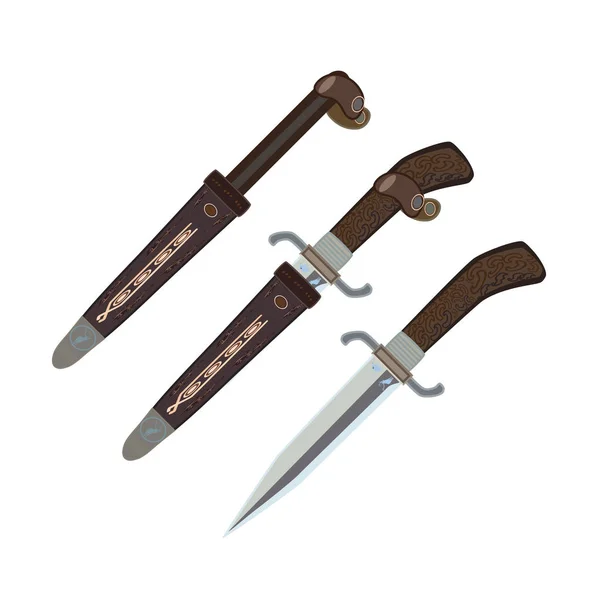 Ilustración vectorial de cuchillo de caza mango de ciervo y funda de cuero, diseño de estilo plano . — Vector de stock