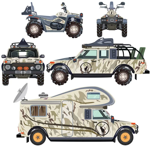 Set vettoriale di veicoli terrestri per il viaggio e la caccia in design piatto — Vettoriale Stock