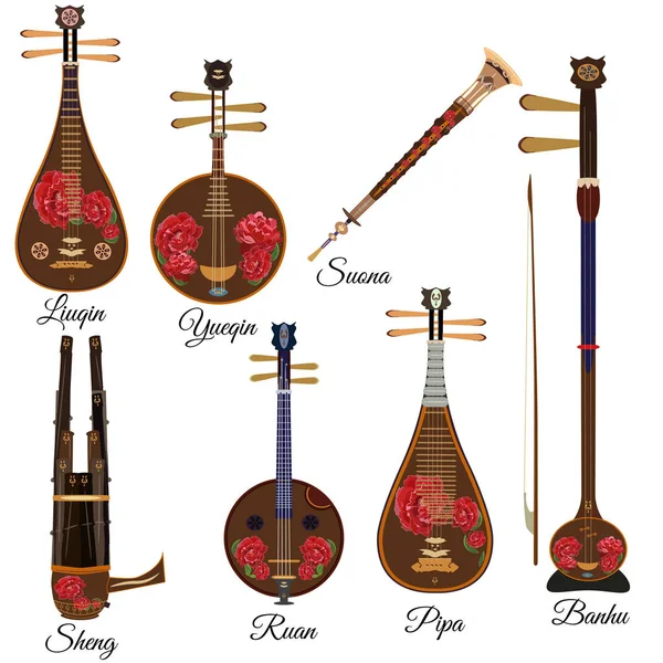 Vector set of chinese string and wind musical instruments, flat style. — Stock Vector